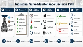Flow diagram showing industrial valve inspection, symptom documentation, safety escalation, repair or replacement review, and RFQ preparation.