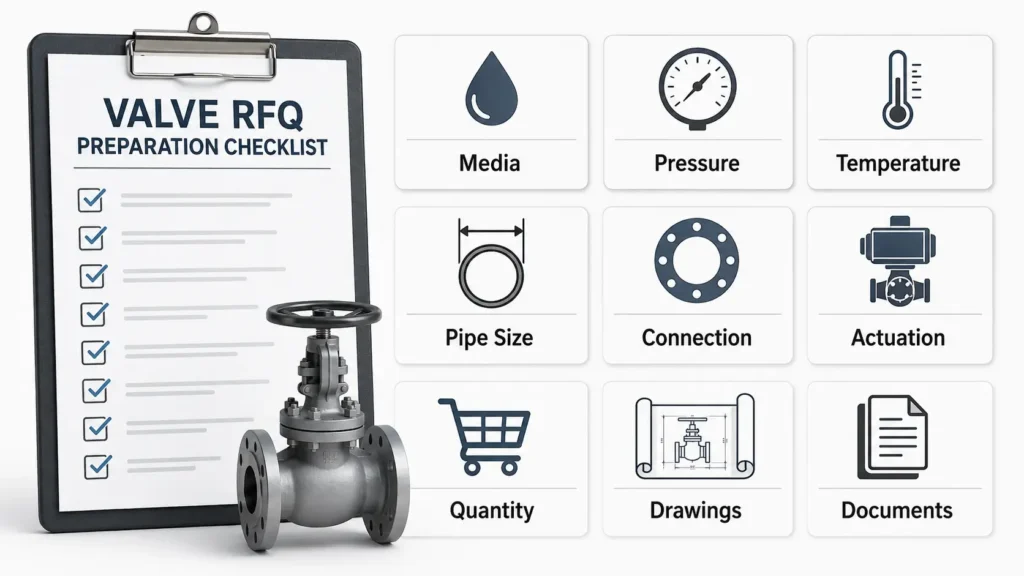 Industrial valve RFQ checklist covering media, pressure, temperature, size, connection, quantity, drawings, and documents