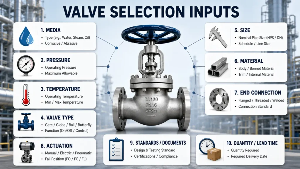 Matrix showing media, pressure, temperature, valve size, connection, operation, and document needs as valve selection inputs.