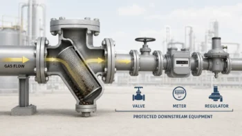 Diagram of an industrial gas strainer capturing debris before downstream equipment