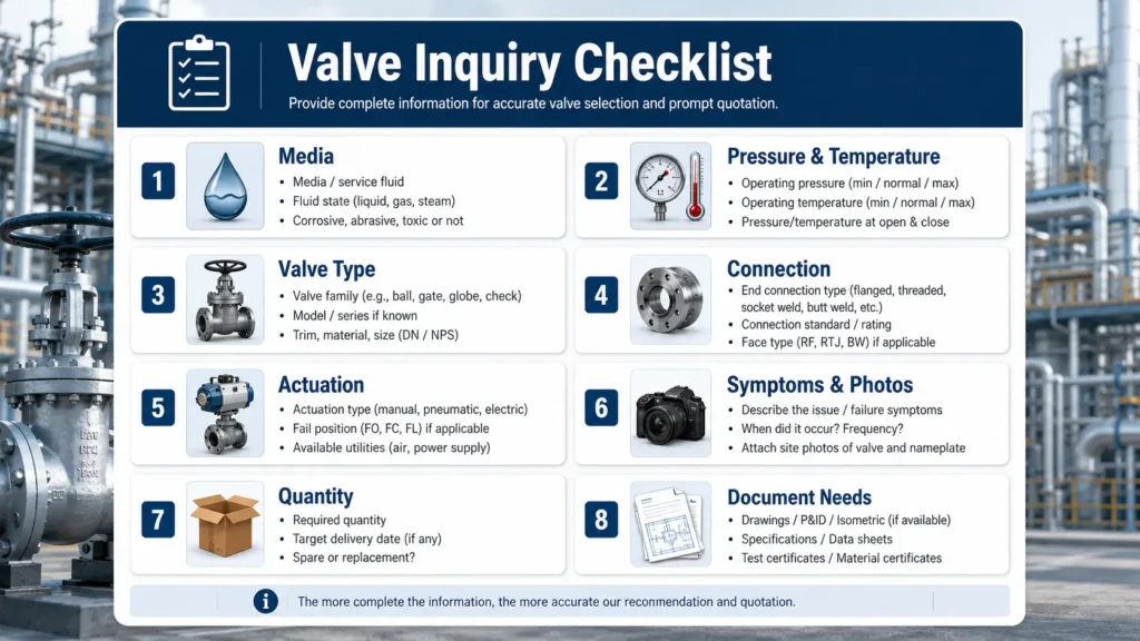 Checklist graphic for valve RFQ details including media, pressure, temperature, valve type, size, connection, actuation, symptoms, photos, quantity, documents