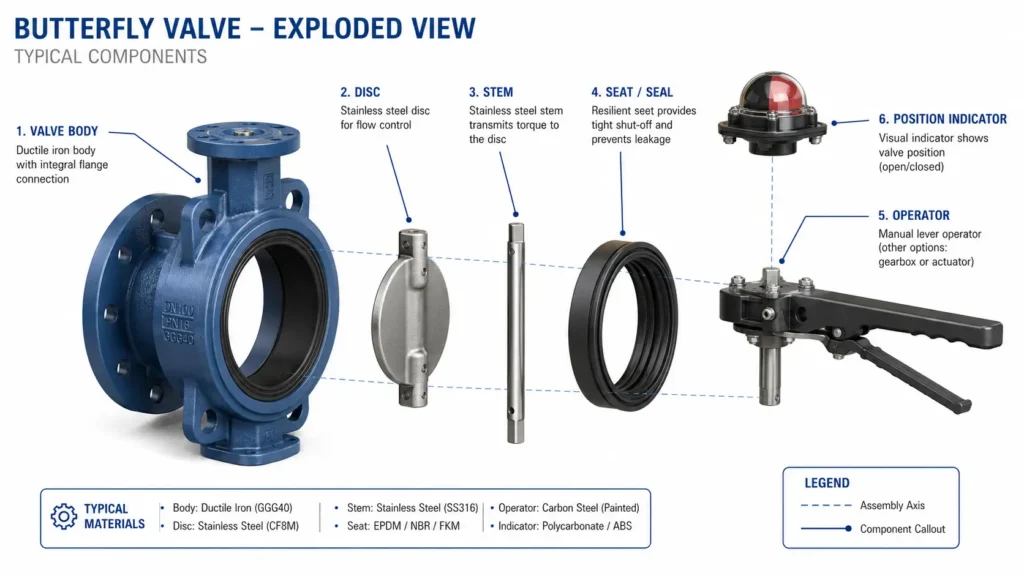 Labeled butterfly valve parts including body, disc, stem, seat, seal, and actuator