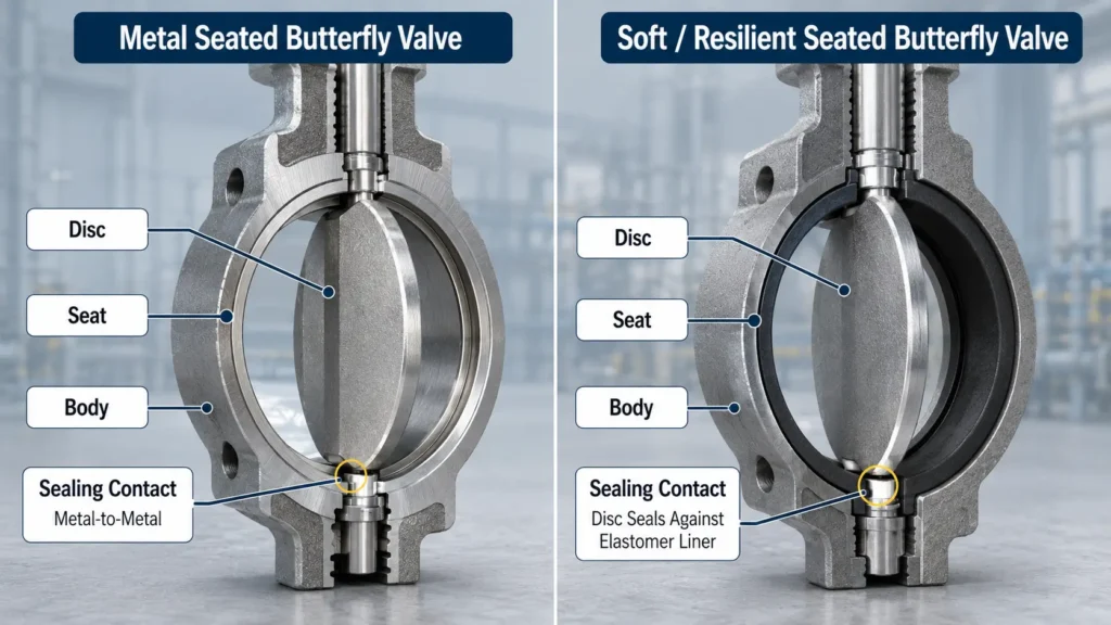 Diagram comparing metal seated and soft seated butterfly valve seat concepts