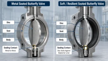 Diagram comparing metal seated and soft seated butterfly valve seat concepts
