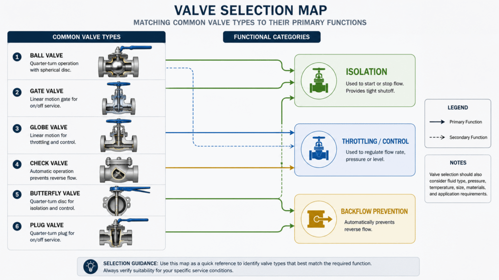 Matrix comparing common oil and gas valve families by function and selection checks