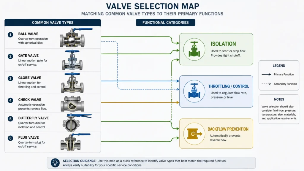 Matrix comparing common oil and gas valve families by function and selection checks