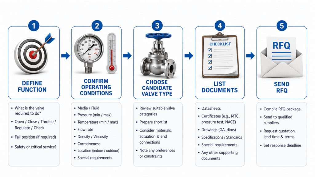 Flowchart showing what buyers should prepare before requesting an oil and gas valve quote