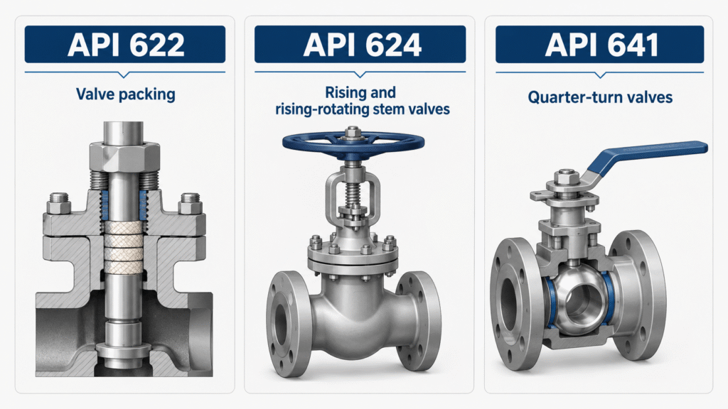 Diagram comparing API 622 packing testing with API 624 and API 641 valve-level fugitive emission testing