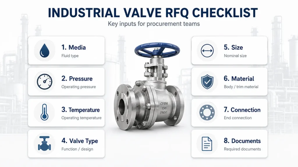 Checklist of valve RFQ details including function, media, pressure, temperature, size, connection, quantity, drawings, and required documents.