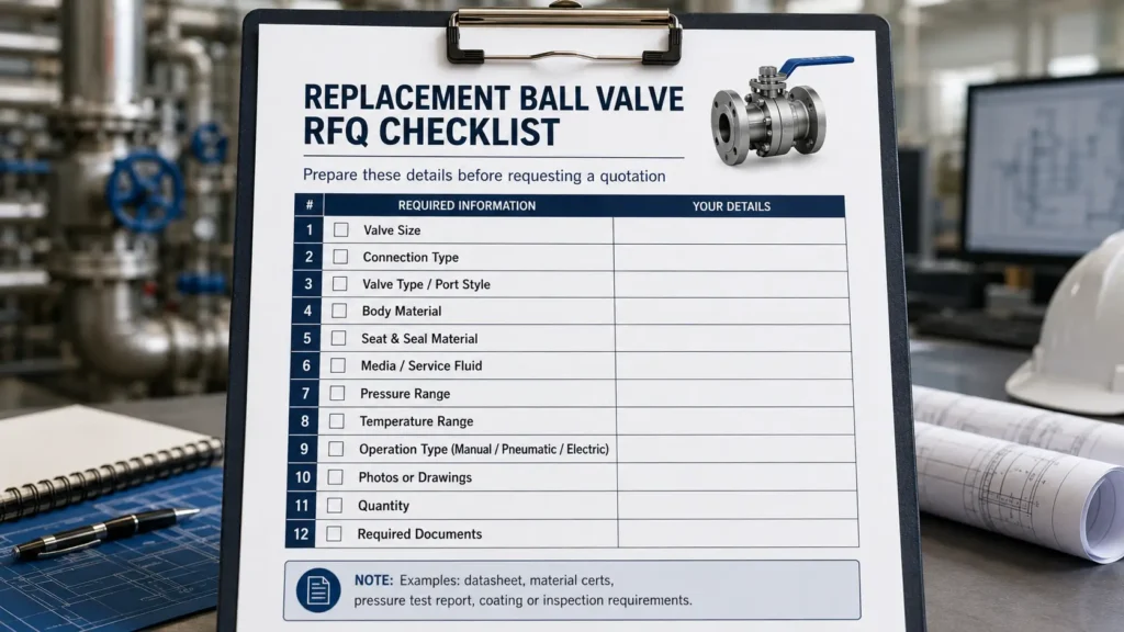 Checklist of information to prepare before requesting a replacement ball valve quote.