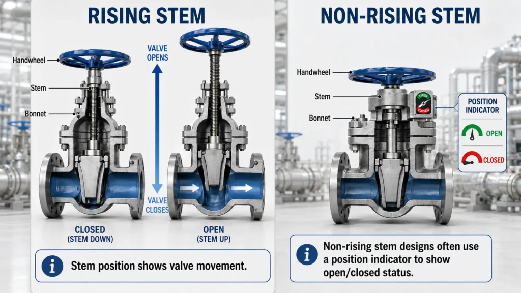 Comparison diagram of rising stem and non-rising stem gate valve position visibility