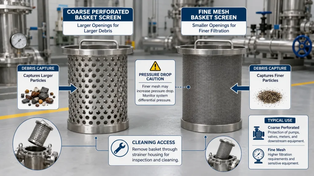 Diagram comparing coarse and fine basket screen openings with pressure-drop and cleaning-frequency caution.
