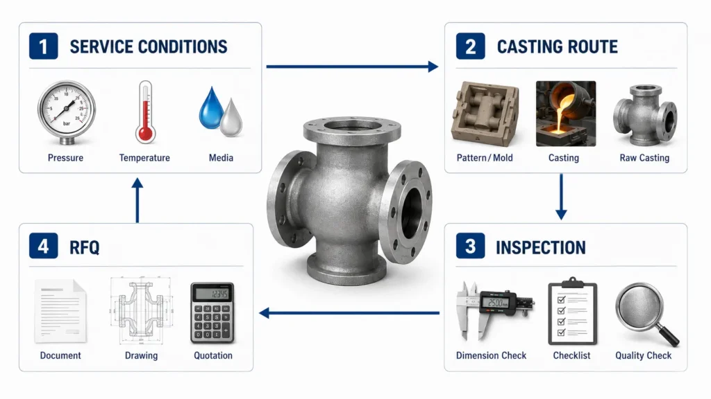 Flowchart showing how buyers evaluate valve casting by application, material, process, quality checks, and RFQ inputs.