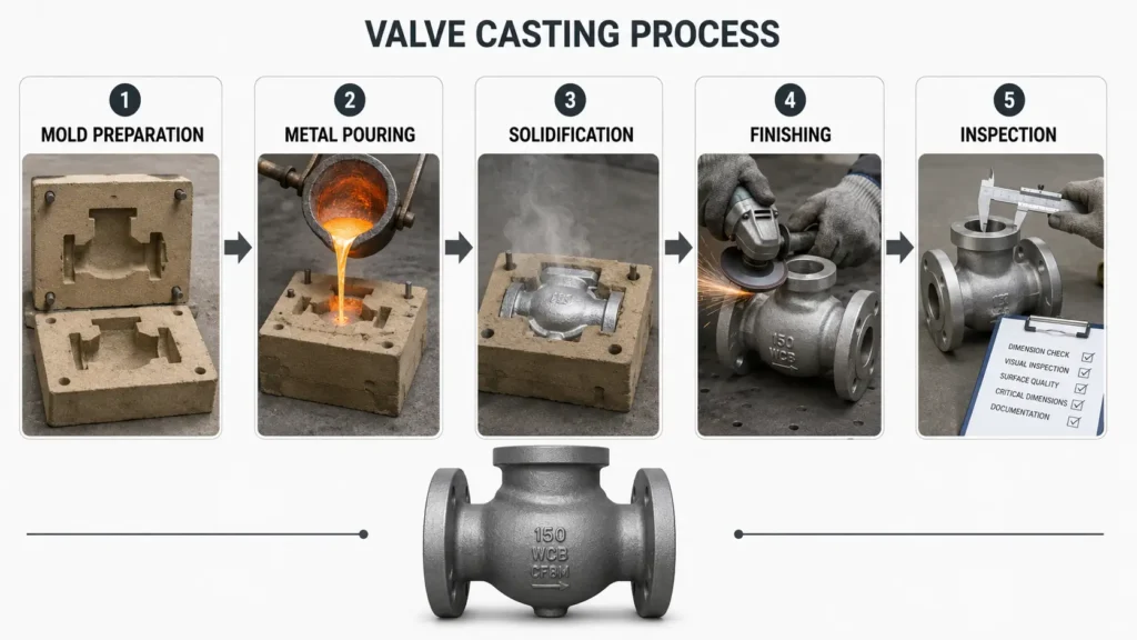 Simplified process diagram showing mold preparation, metal pouring, solidification, finishing, and inspection for valve castings.
