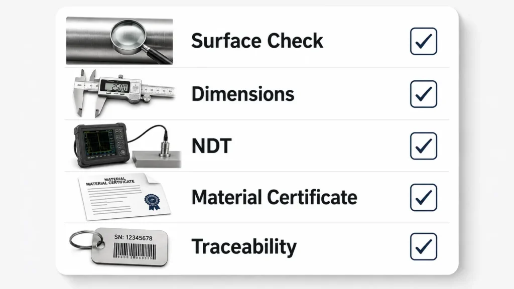 Checklist graphic for valve casting quality questions including defects, dimensions, inspection method, and documents.