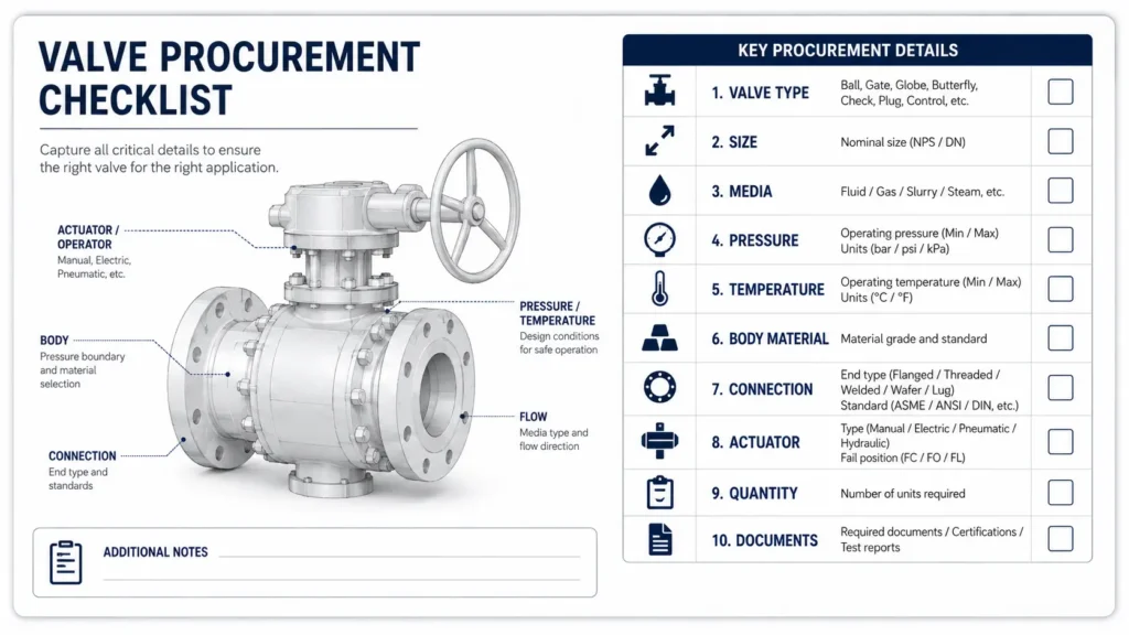 RFQ checklist for valve casting buyers covering drawings, material, service conditions, quantity, machining, coating, and documents.