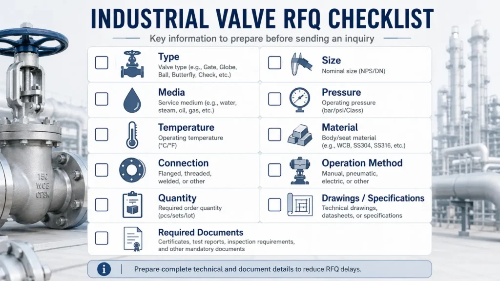 Checklist of valve RFQ details including type, size, media, pressure, temperature, material, connection, quantity, and documents.