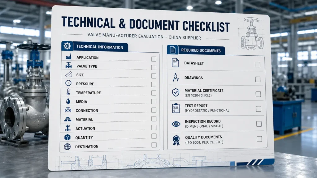 Checklist of valve specifications and project details to prepare before requesting a quotation.