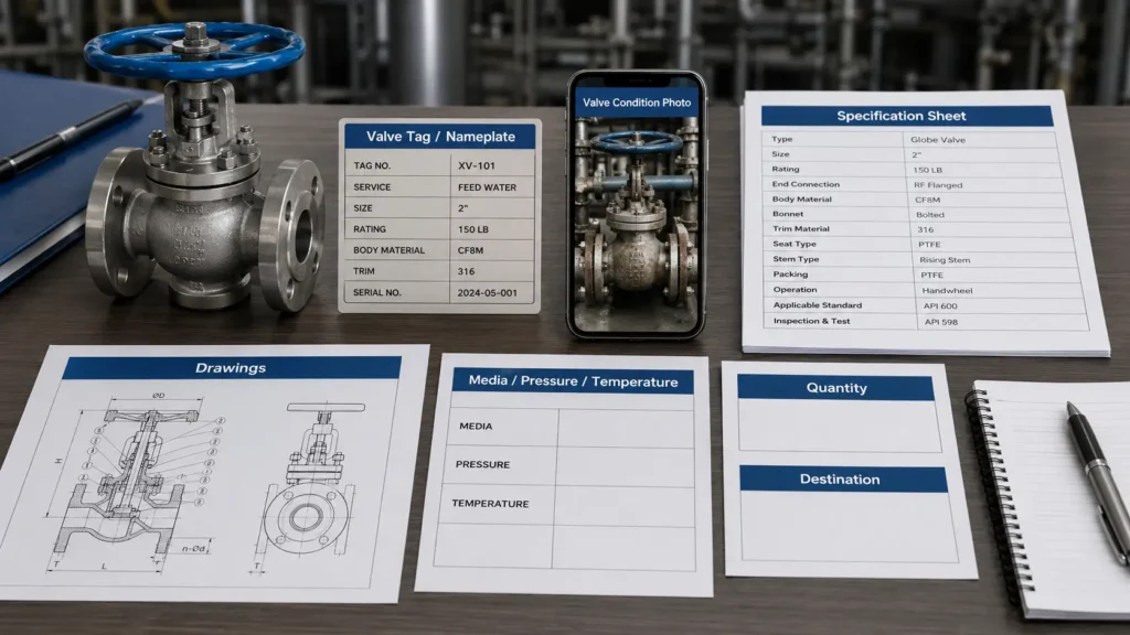 Industrial valve RFQ preparation visual with valve tag, photos, operating conditions, drawings, quantity, and document needs.