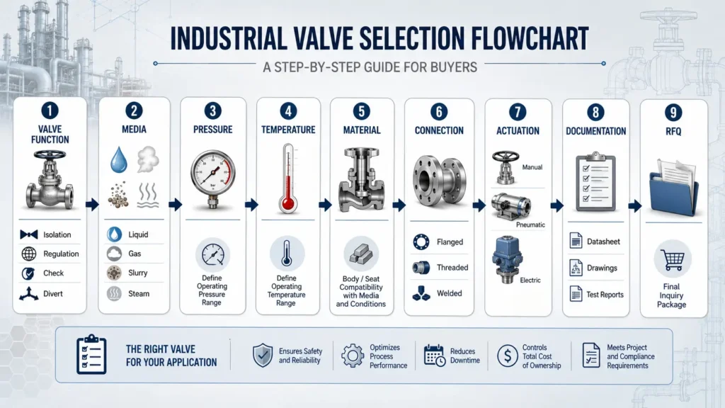Flowchart showing valve type, operating conditions, documentation, and RFQ steps.