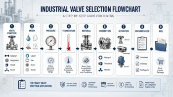 Flowchart showing valve type, operating conditions, documentation, and RFQ steps.