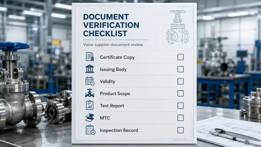 Checklist for reviewing certificate scope, test reports, drawings, and material documents.