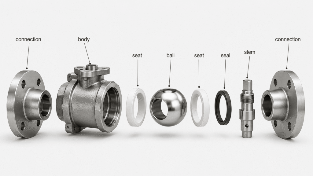 Diagram of a valve showing body, ball or disc, seat, seal, stem, and connection