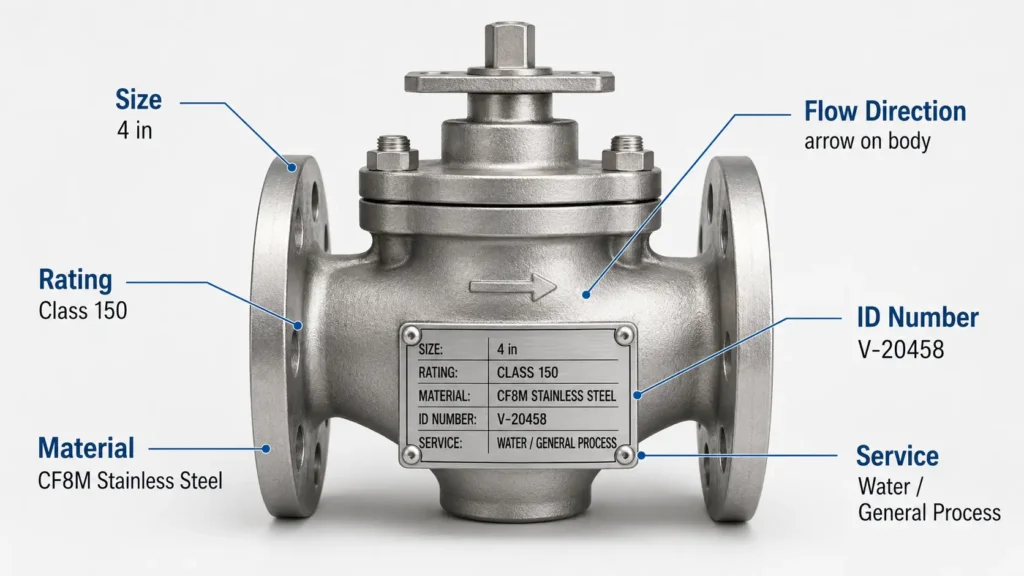 Annotated industrial valve tag and marking fields