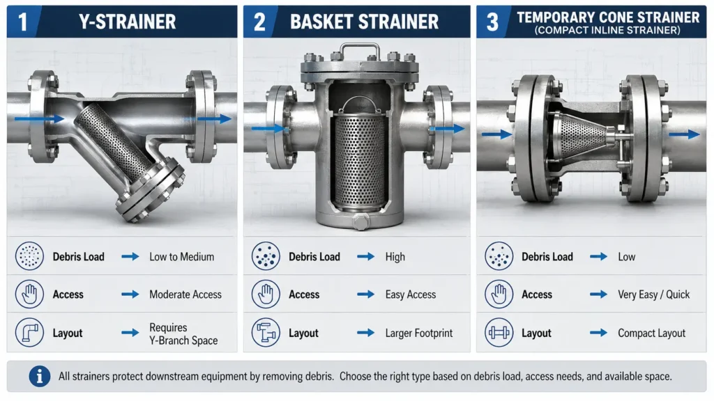 Comparison diagram of Y, basket, and T-type strainers for industrial piping