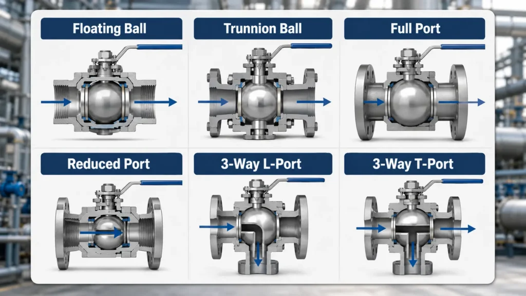 Floating, trunnion, full-port, and reduced-port comparison diagram