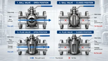 Diagram comparing a rotating ball valve and rotating plug valve flow path