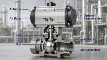 Diagram showing a pneumatic actuator connected to a ball valve body for automated open and close operation