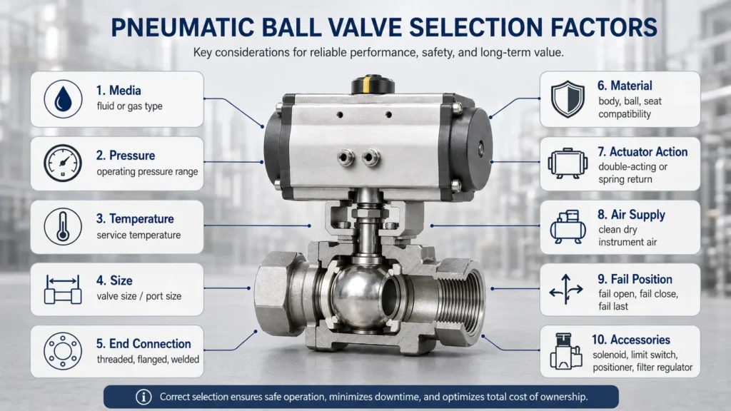 Selection matrix for pneumatic ball valve media pressure temperature connection material actuator action and fail position