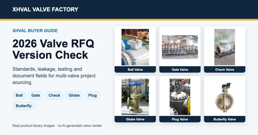 2026 valve RFQ version check cover showing real XHVAL ball, gate, check, globe, plug, and butterfly valve images