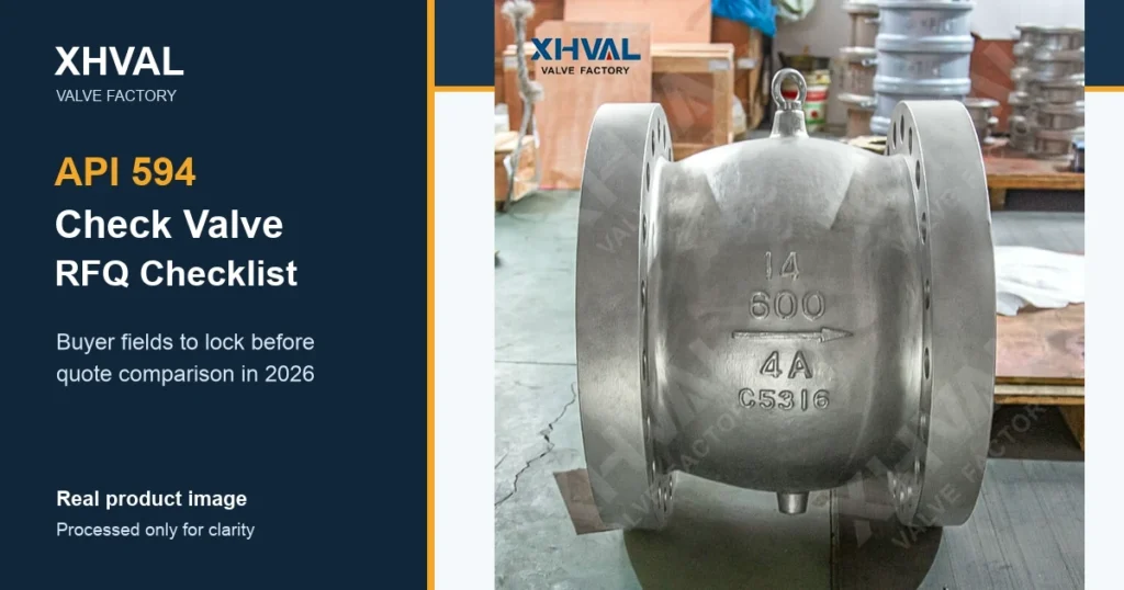 API 594 check valve RFQ checklist cover based on a real XHVAL check valve product image