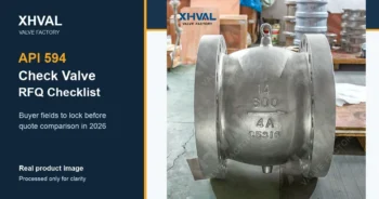 API 594 check valve RFQ checklist cover based on a real XHVAL check valve product image