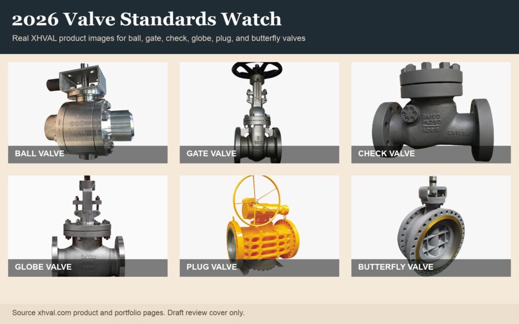 2026 valve standards watch cover using real XHVAL ball, gate, check, globe, plug, and butterfly valve product images