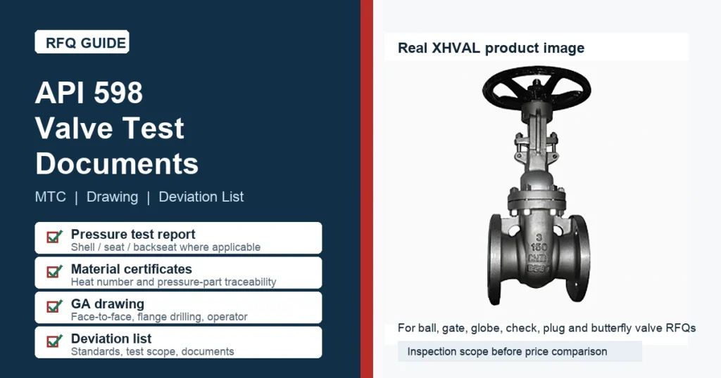 API 598 valve test documents RFQ cover with real XHVAL gate valve product image