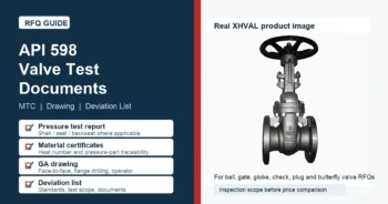 API 598 valve test documents RFQ cover with real XHVAL gate valve product image