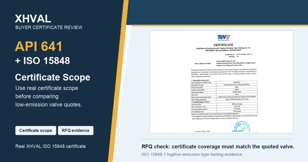API 641 and ISO 15848 certificate scope RFQ cover using a real XHVAL ISO 15848 fugitive emission certificate