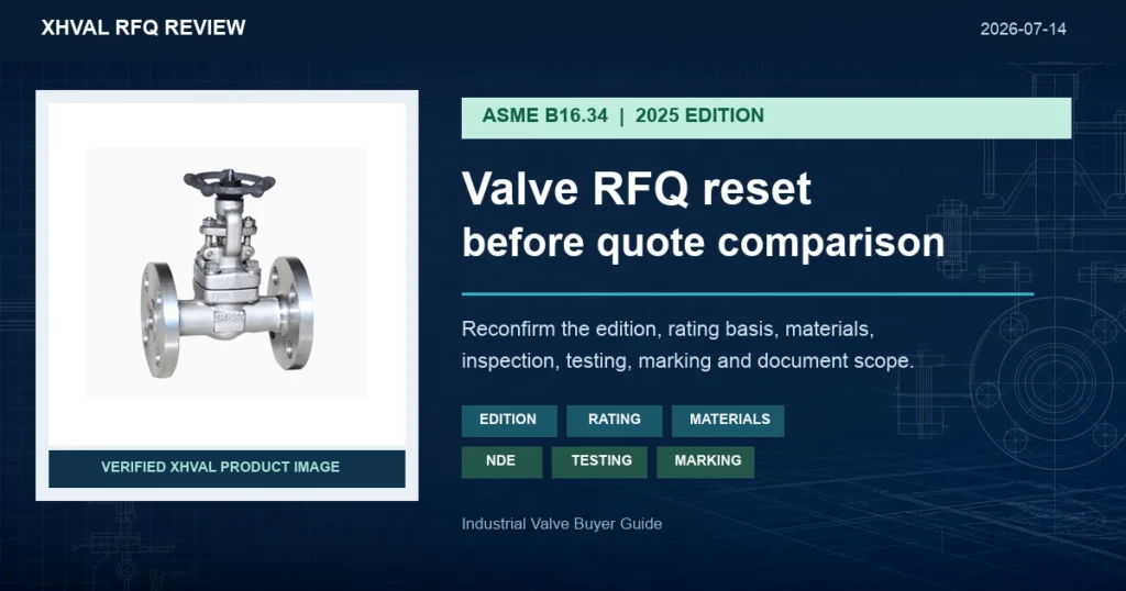ASME B16.34-2025 valve RFQ buyer guide with a verified XHVAL gate valve product image and engineering blueprint background