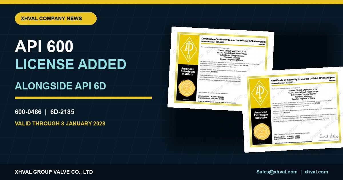 XHVAL API 600 and API 6D watermarked certificates presented as company news evidence